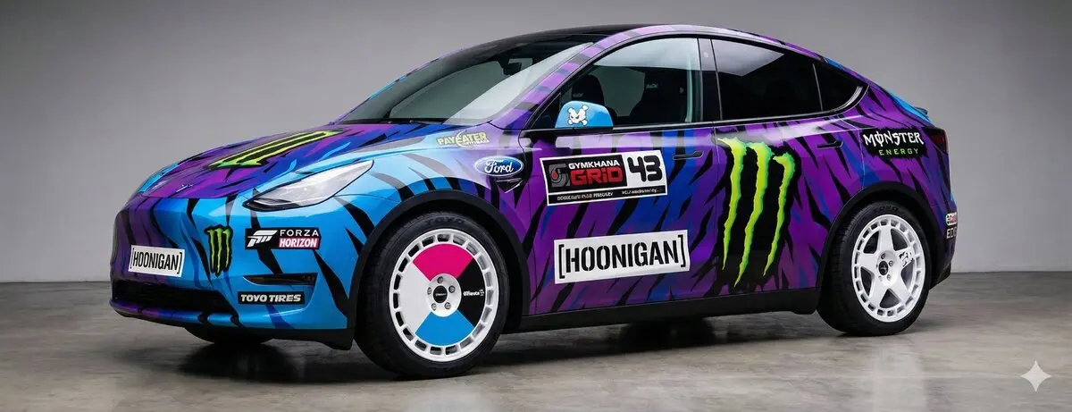 Yapay zeka ile tasarlanmış Hoonigan stilinde Tesla Model Y - Monster Energy ve Ford sponsorlu Gymkhana tasarımı